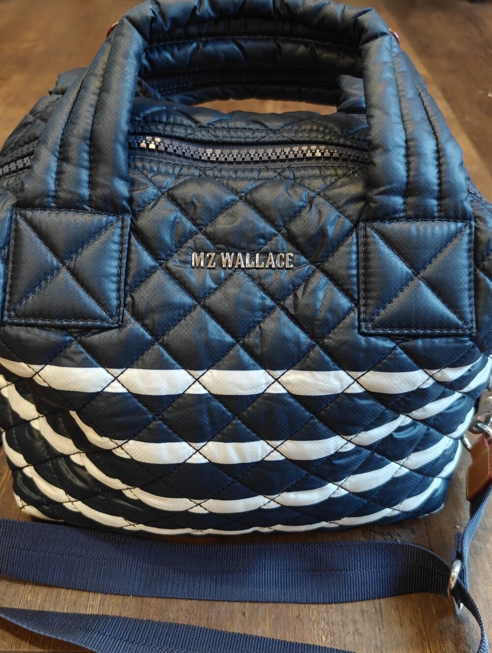 MZ Wallace Sutton Deluxe Navy and White Stripe with Free Navy Wallet